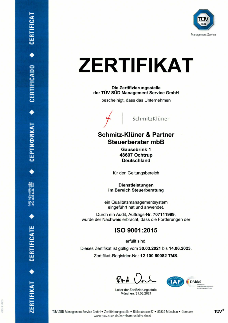 Schmitz-Klüner & Partner Steuerberater mbB - Zertifikat ISO 9001 : 2008